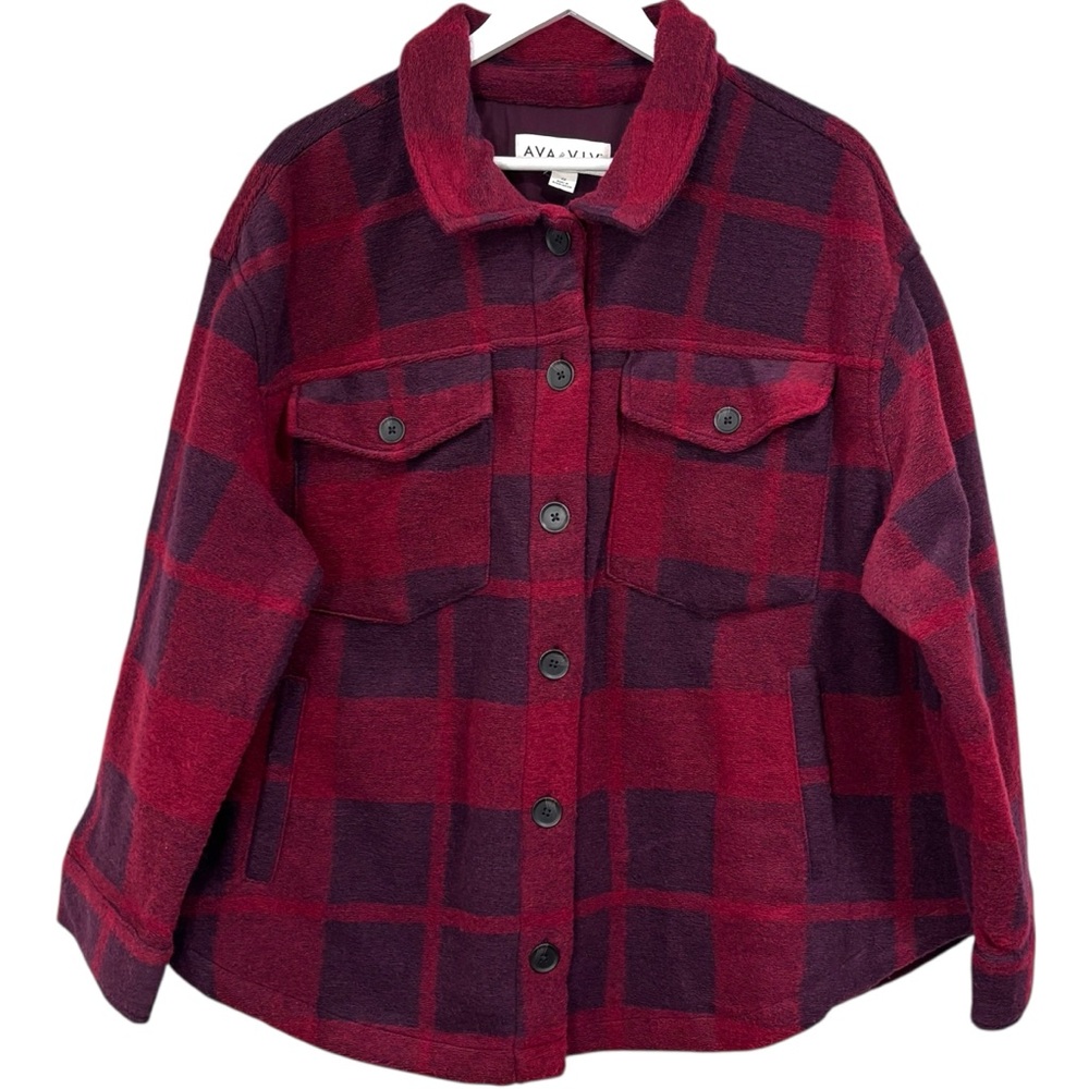 Ava & Viv Plaid Purple Burgundy Button Down Shacket Size 3x NWT